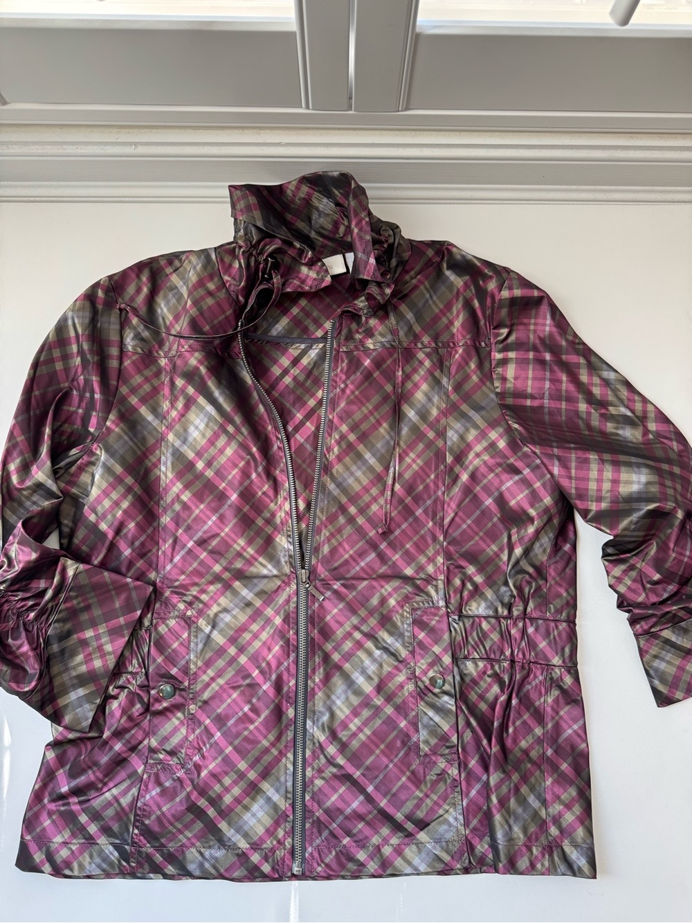 Chico’s Metallic Plaid Hooded Utility Jacket Size 2 (Large)